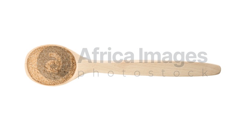 Spoon of buckwheat flour isolated on white, top view