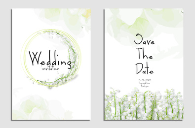 Beautiful wedding invitation and Save The Date with floral design on light background, top view