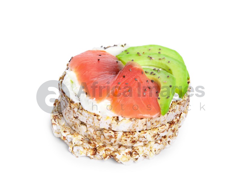 Crunchy buckwheat cakes with cream cheese, salmon and avocado on white background