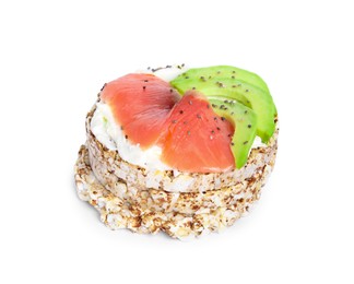 Crunchy buckwheat cakes with cream cheese, salmon and avocado on white background
