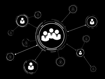 Illustration of Corporation structure. Linked people figures on black background