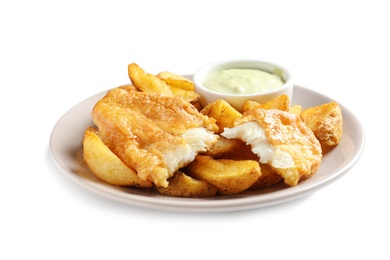 Plate with British Traditional Fish and potato chips on white background