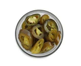 Photo of Slices of pickled green jalapenos in jar isolated on white, top view