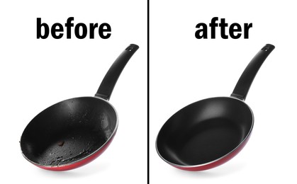 Frying pan before and after cleaning on white background, collage