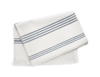 Striped kitchen towel isolated on white, top view