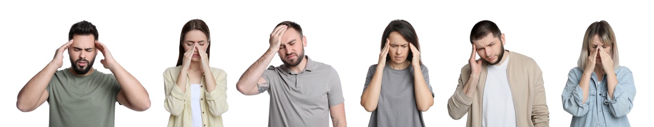 Collage with photos of people suffering from headache on white background. Banner design