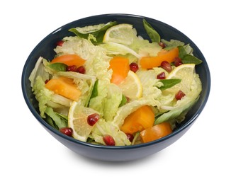 Delicious salad with Chinese cabbage, lemon, persimmon and pomegranate seeds isolated on white