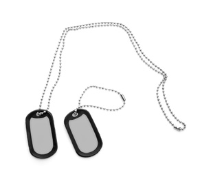 Military ID tags on white background