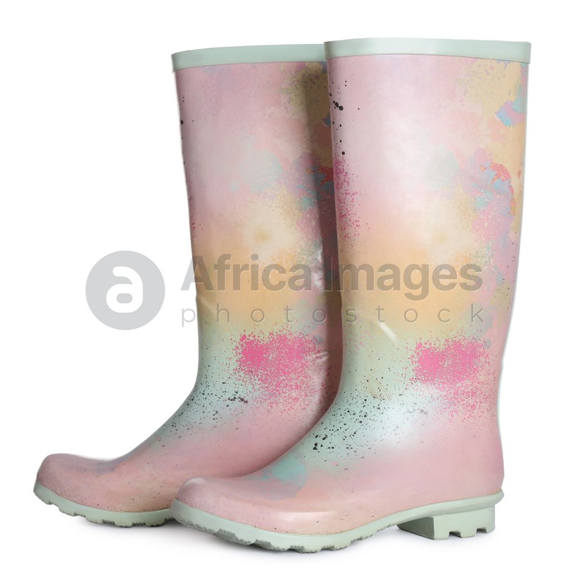 Modern colorful rubber boots isolated on white