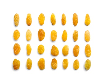 Composition with raisins on white background, top view. Dried fruit as healthy snack