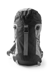 Stylish capacious backpack on white background. Camping equipment
