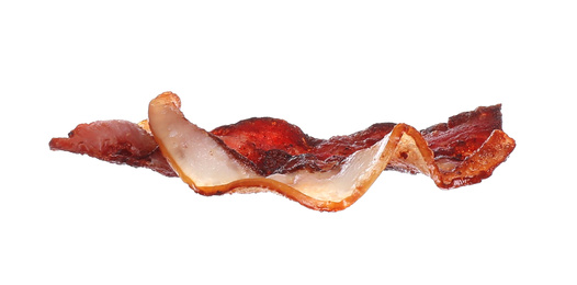 Crispy fried bacon strip isolated on white. Sandwich ingredient