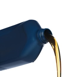 Pouring motor oil from blue container on white background, closeup