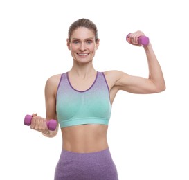 Photo of Portrait of sportswoman exercising with dumbbells on white background