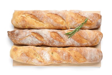 Crispy French baguettes with rosemary on white background, top view. Fresh bread