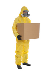Man wearing chemical protective suit with cardboard box on white background. Prevention of virus spread