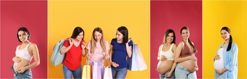 Collage with photos of happy pregnant women with shopping bags on different color backgrounds. Banner design