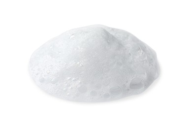 Photo of Drop of fluffy soap foam on white background