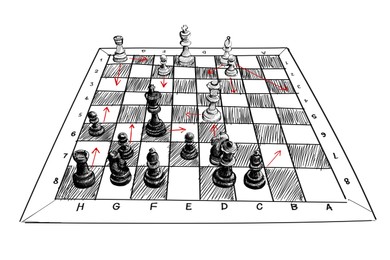 Illustration of board with chess pieces. Strategy for winning