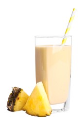 Photo of Glass of tasty pineapple smoothie and fresh fruit on white background