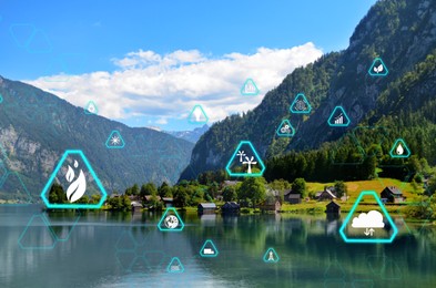 Digital eco icons and beautiful landscape with mountains and river on sunny day