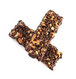 Protein bars with chocolate on white background, top view. Healthy snack