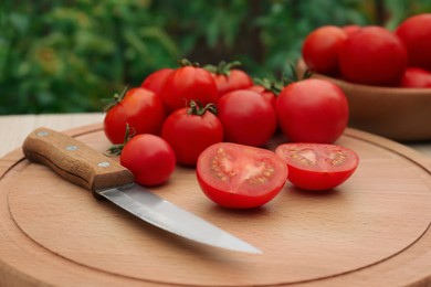 Cut and whole ripe red tomatoes with knife on table in garden