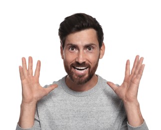 Portrait of emotional bearded man on white background