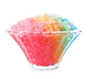 Rainbow shaving ice in glass dessert bowl isolated on white