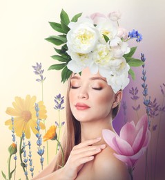 Image of Young woman with beautiful flowers and leaves on head against color background. Stylish creative collage design