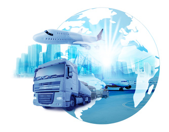 Image of Logistics concept. Multiple exposure of different transports and world globe, toned in blue 