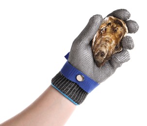 Man holding oyster on white background, closeup