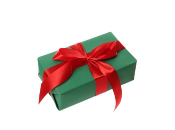 Green gift box with red bow isolated on white