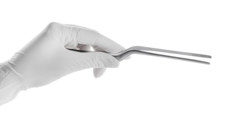 Doctor holding surgical forceps on white background, closeup. Medical instrument