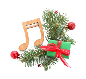 Composition with wooden music note on white background, top view. Christmas celebration