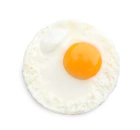 Fried sunny side up egg on white background, top view