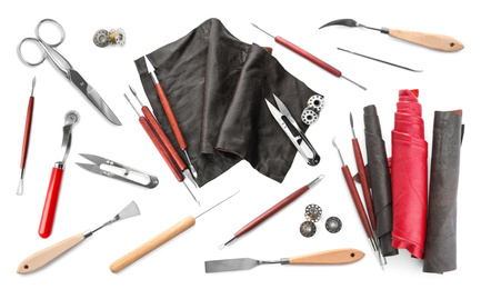 Set with leather samples and craftsman tools on white background, top view