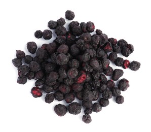Photo of Pile of freeze dried blueberries on white background, top view