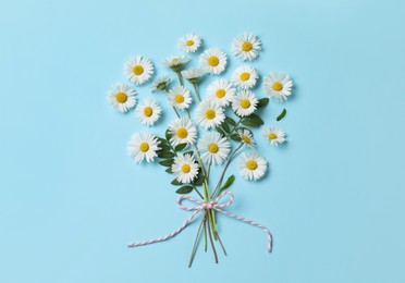 Flat lay composition with daisy flowers and leaves on light blue background