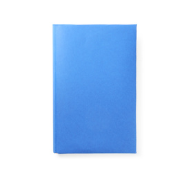 Book with blank blue cover isolated on white, top view