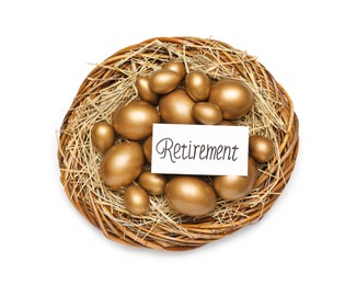 Golden eggs and card with word Retirement on white background, top view. Pension concept