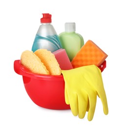 Red basin with cleaning supplies and tools on white background