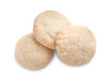 Three tasty sugar cookies isolated on white, top view