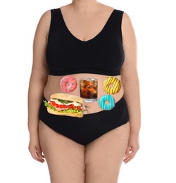 Overweight woman in underwear with images of different unhealthy food on her belly against white background