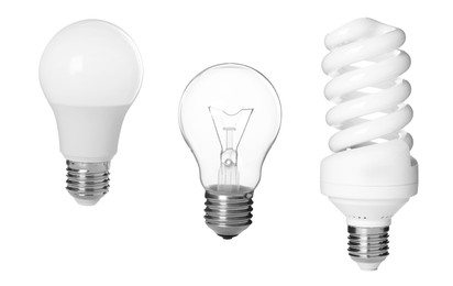 Comparison of different light bulbs on white background, collage