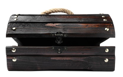 Photo of Open empty treasure chest isolated on white