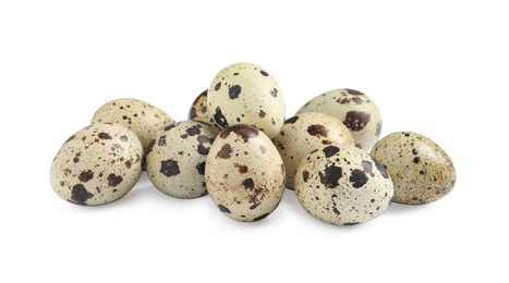 Many beautiful quail eggs on white background