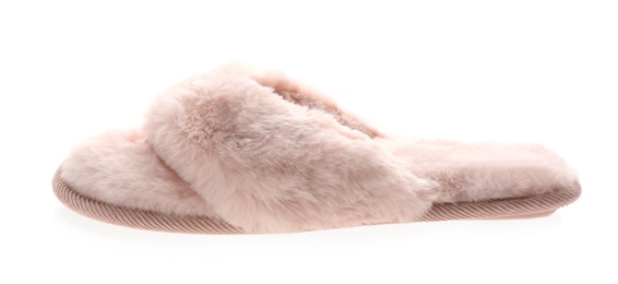 Single stylish soft slipper on white background