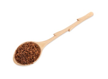 Wooden spoon with aromatic instant coffee isolated on white, top view