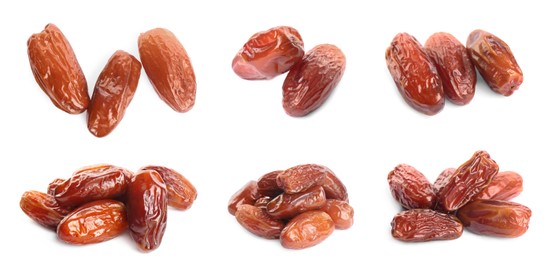 Set with tasty dried dates on white background. Banner design